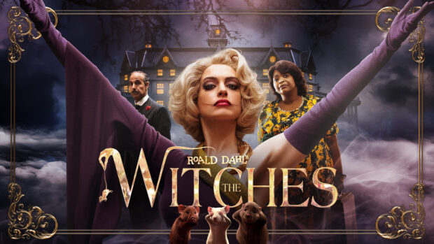 The Witches movie characters are shown with a large mansion in the background in Robert Zemeckis Wallpapers, 4K Desktop Wallpaper