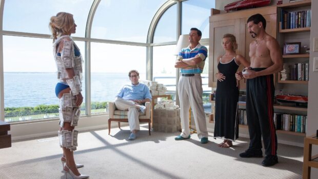 The Wolf Of Wall Street characters are standing in a bright room with a view of the water, HD Desktop Wallpaper
