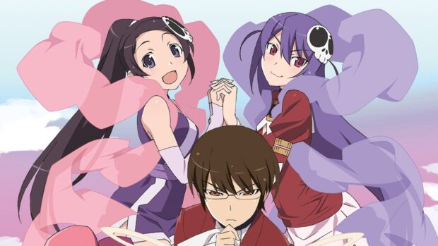 The World God Only Knows characters stand together with confident expressions under a clear sky, HD Desktop Wallpaper