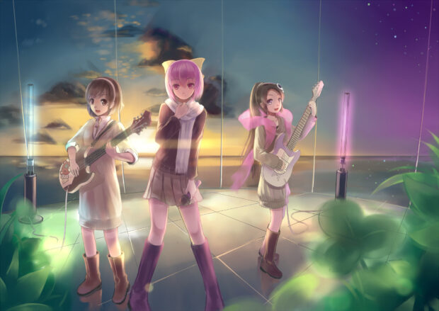 Three characters from The World God Only Knows perform with musical instruments at sunset, HD Desktop Wallpaper