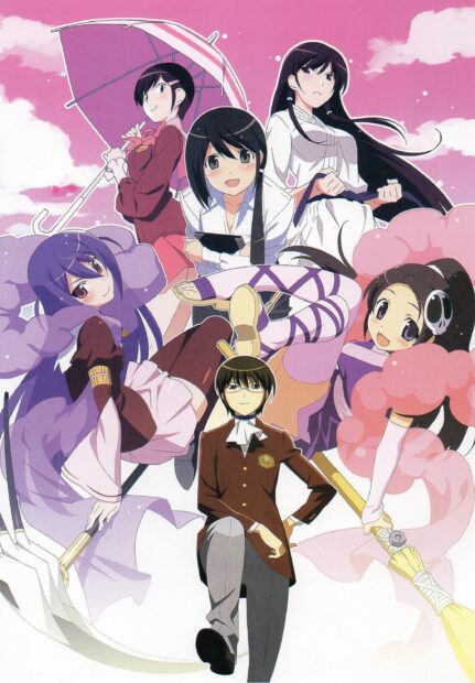 The World God Only Knows characters pose together in colorful outfits with a pink sky, 2K Mobile Wallpaper