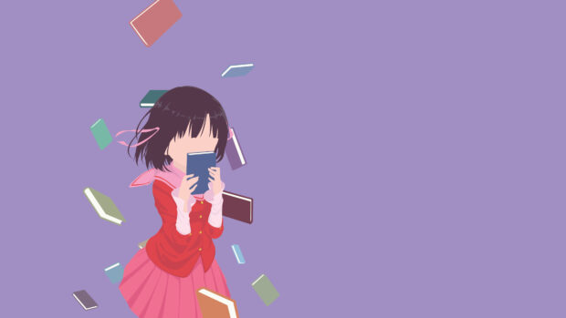 A girl from The World God Only Knows holds a book surrounded by floating books on a purple background, 4K Desktop Wallpaper