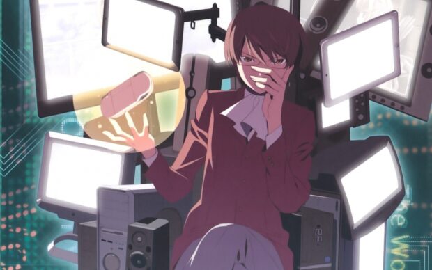 A character from The World God Only Knows is surrounded by digital screens in a futuristic setting, HD Desktop Wallpaper