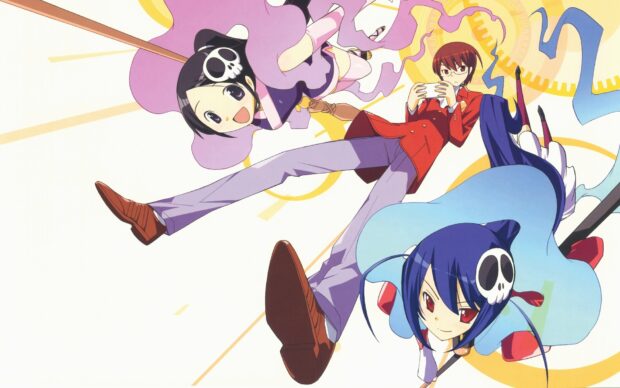 The World God Only Knows characters are flying with vibrant backgrounds, HD Desktop Wallpaper