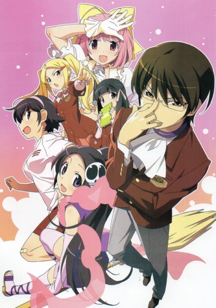 The World God Only Knows characters posing together in stylish outfits and energetic poses, 2K PC Wallpaper