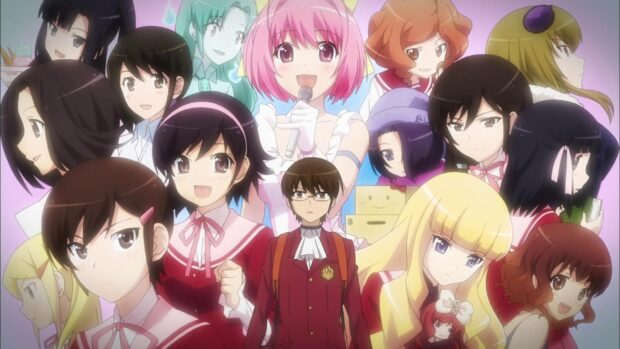 A group of characters from The World God Only Knows anime with a central male protagonist, HD Desktop Wallpaper
