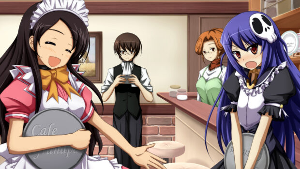 The World God Only Knows characters dressed as cafe staff inside a cozy cafe, HD Desktop Wallpaper