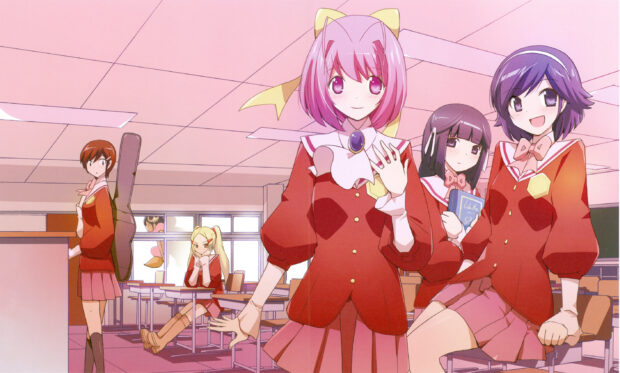 The World God Only Knows characters standing and sitting inside a classroom setting, 2K Desktop Wallpaper