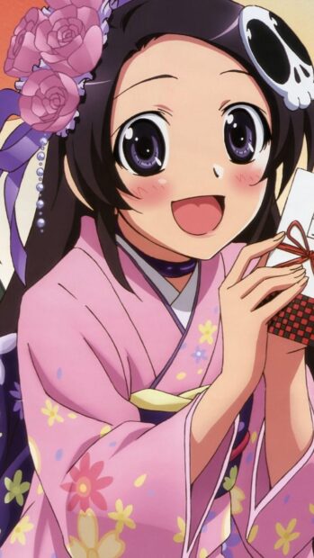 A cheerful girl smiling in a pink kimono holding a wrapped gift, HD Phone Wallpaper