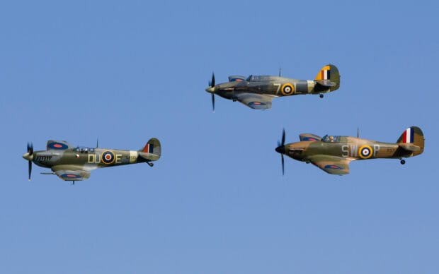 Three vintage Hawker Hurricane planes fly together in clear blue sky, HD Desktop Wallpaper