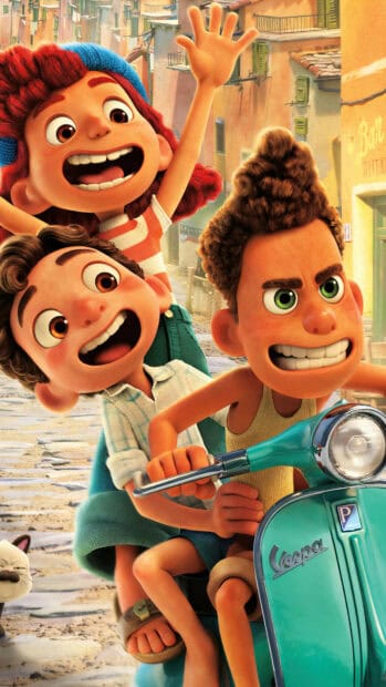 Happy and excited Luca Wallpapers, Three friends riding a scooter with joy and excitement in a vibrant town Luca Wallpapers, 4K Phone Wallpaper