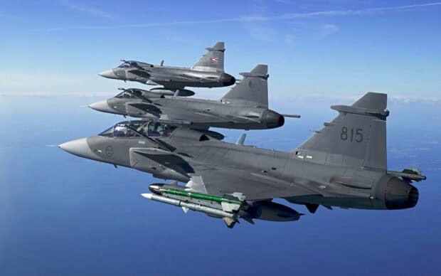 Three jet fighters flying in clear sky with visible markings on wings, HD Desktop Wallpaper