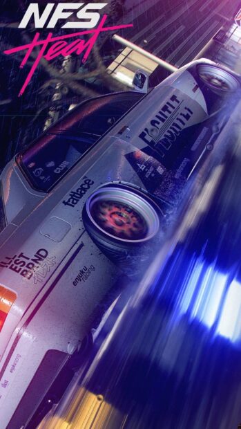 A racing game scene shows a car drifting in the rain with intense motion and bright city lights, HD Phone Wallpaper