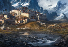 A panoramic view of the Tibetan Highlands with a fortress and snowy peaks under blue sky, HD Desktop Wallpaper