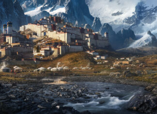 A panoramic view of the Tibetan Highlands with a fortress and snowy peaks under blue sky, HD Desktop Wallpaper