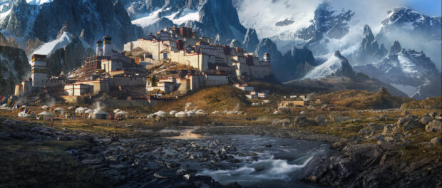 A panoramic view of the Tibetan Highlands with a fortress and snowy peaks under blue sky, HD Desktop Wallpaper