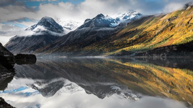 The Tibetan Highlands feature snowy mountains and colorful autumn forests reflected in calm water, HD Desktop Wallpaper