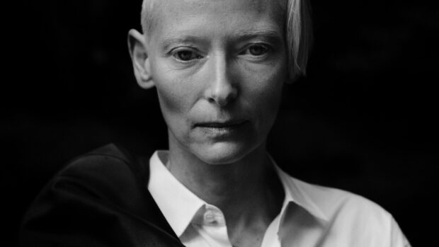 A close up black and white portrait of Tilda Swinton showing her calm expression, HD Desktop Wallpaper
