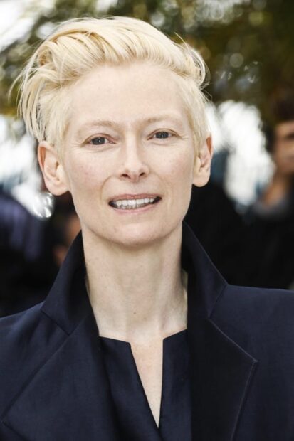 Tilda Swinton wallpapers feature her unique look in a black outfit, 2K Phone Wallpaper