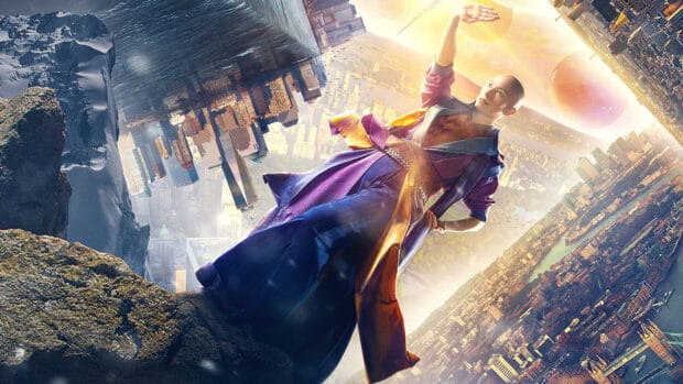 Tilda Swinton stands in a vivid surreal cityscape with floating spheres, 4K Desktop Wallpaper