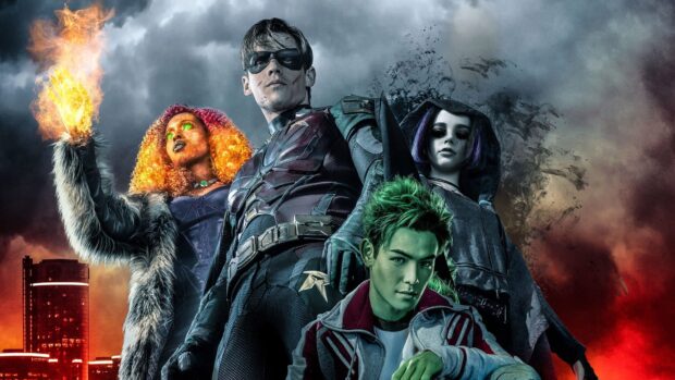 Titans TV Series wallpapers show the main heroes standing against a city background, HD Desktop Wallpaper