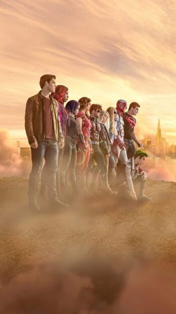 The main cast from Titans tv series stand together in a misty landscape at sunset, 4K Phone Wallpaper