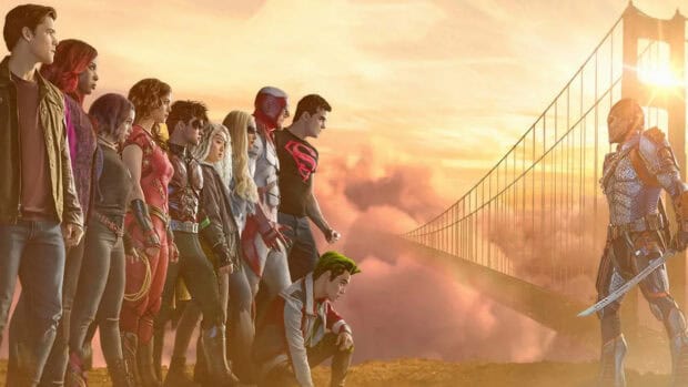The Titans Tv Series heroes stand ready to confront a villain near a bridge at sunset, HD Desktop Wallpaper