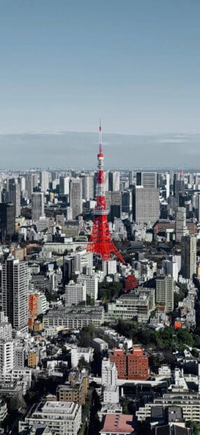 The Tokyo Tower stands tall among the Tokyo city buildings on a clear day, 2K Mobile Wallpaper