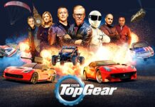 The Top Gear TV series cast stands with sports cars and explosions in the background, 4K Desktop Wallpaper