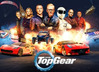 The Top Gear TV series cast stands with sports cars and explosions in the background, 4K Desktop Wallpaper