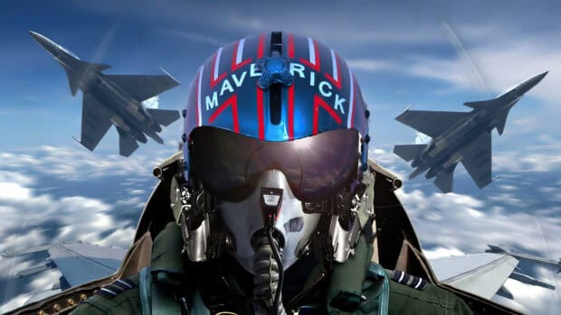 A Top Gun Maverick pilot wearing a helmet is flying with fighter jets in the sky, 4K Desktop Wallpaper