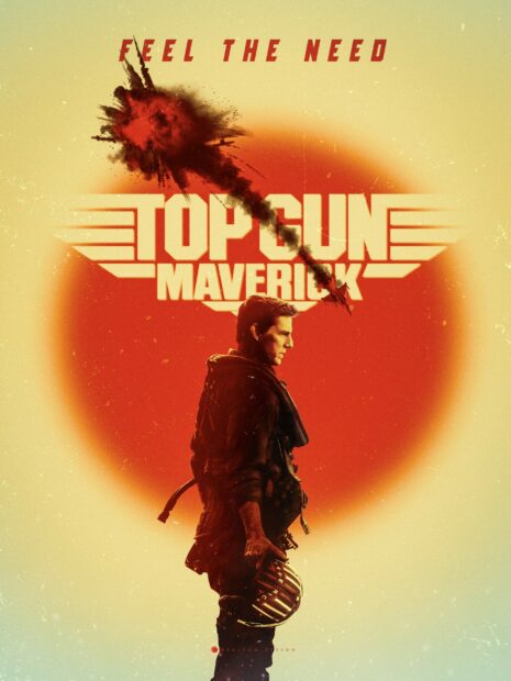 A pilot stands holding a helmet with a burning missile in the background and Top Gun Maverick text above, 2K Mobile Wallpaper