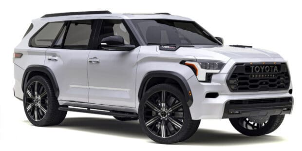 A white Toyota Sequoia is shown in a detailed side and front view with black wheels, 4K Desktop Wallpaper
