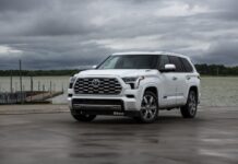 A white Toyota Sequoia is parked near a lake under cloudy skies, HD Desktop Wallpaper