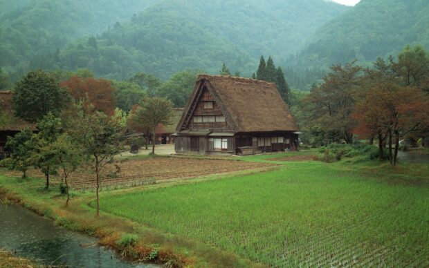 A traditional village house stands among green fields and trees under misty mountains, 2K Desktop Wallpaper