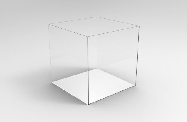 A transparent cube is shown in a minimalist style on a white surface, HD Desktop Wallpaper