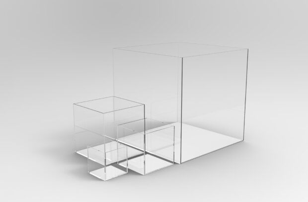 Transparent geometric cubes in various sizes are shown against a light background, HD Desktop Wallpaper
