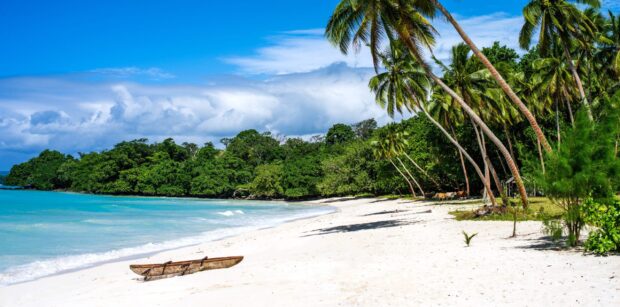 A wooden canoe rests on white sand near palm trees in Espiritu Santo Vanuatu, 2K Desktop Wallpaper