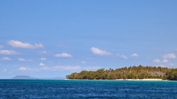 The clear ocean and forested island in Espiritu Santo Vanuatu are visible under a blue sky, 2K Desktop Wallpaper