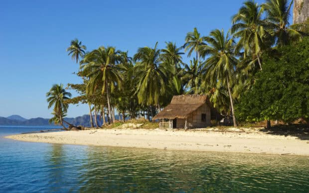A small hut stands on a sandy beach surrounded by palm trees in Palawan, HD Desktop Wallpaper