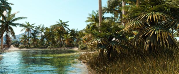 A peaceful river flows through lush tropical plants in this Far Cry 6 scene, 2K Desktop Wallpaper