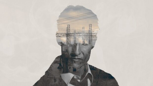 A silhouette with a man's face blended with power lines and trees, HD Desktop Wallpaper