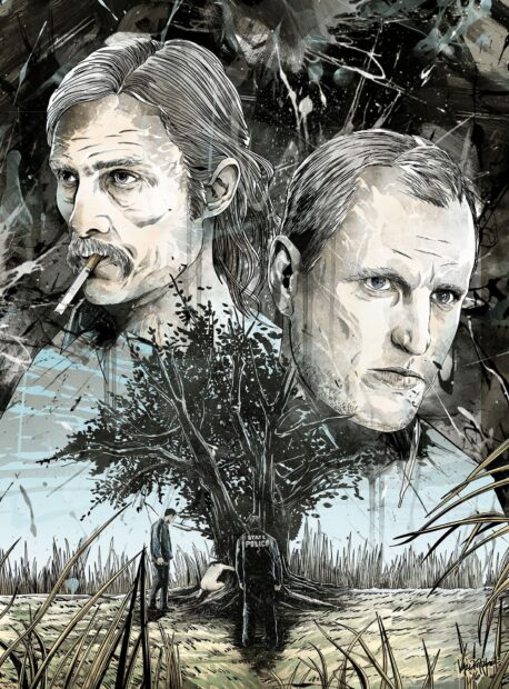 The True Detective tv series features two detectives investigating a mysterious case near a large tree, HD Desktop Wallpaper
