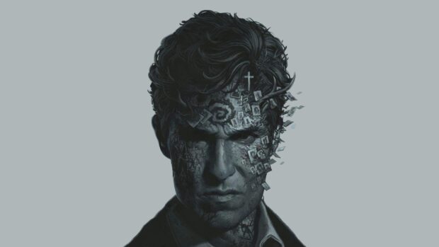 A dark artistic portrait from True Detective Tv Series shows a man’s face breaking into fragments, HD Desktop Wallpaper