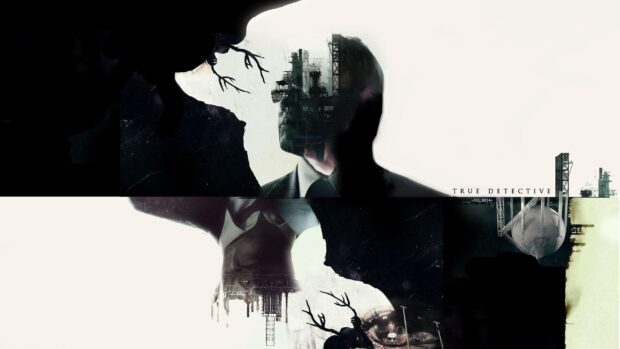 A silhouette of a man with industrial imagery represents True Detective TV series, 2K Desktop Wallpaper
