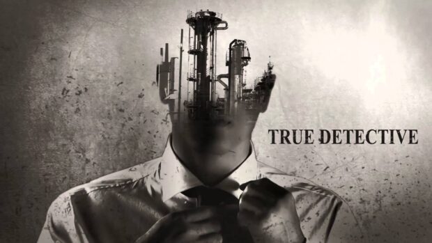 A man adjusting his tie with industrial towers blending into his head in True Detective tv series, HD Desktop Wallpaper