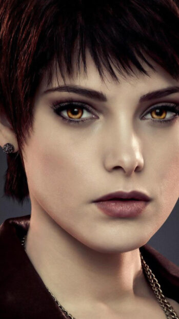 A close up portrait of a Twilight movie character with striking amber eyes and short hair, 4K Phone Wallpaper