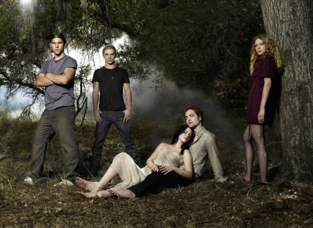 The main characters from Twilight movie are gathered in a misty forest setting, Twilight Movie Wallpapers, HD Desktop Wallpaper