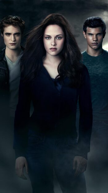 The main characters of Twilight Movie stand together in a dark misty setting, 2K Phone Wallpaper