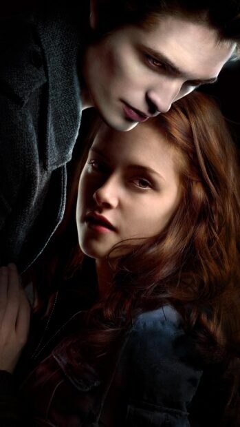 A close up of two characters in a Twilight Movie showcasing a tender moment, 2K Phone Wallpaper